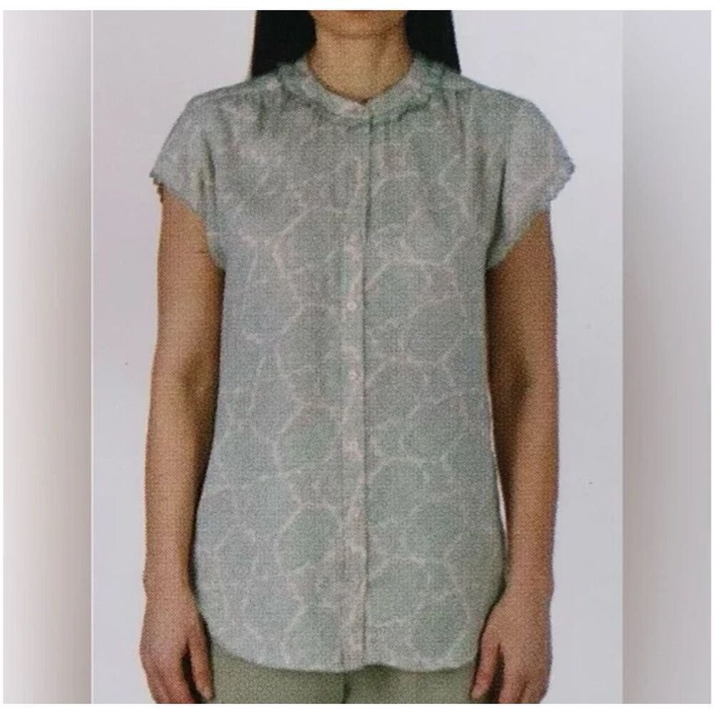 Joie Short Sleeve Scallop Edge Top in Paisley Stamp Green Blouse XXL